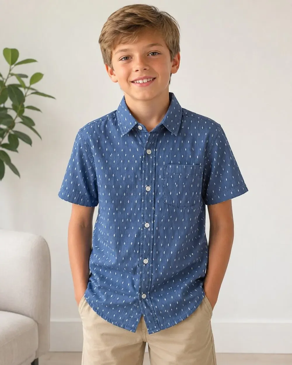 The Children’s Place Boys Blue Printed Button Down Shirt Size 10/12 Cotton